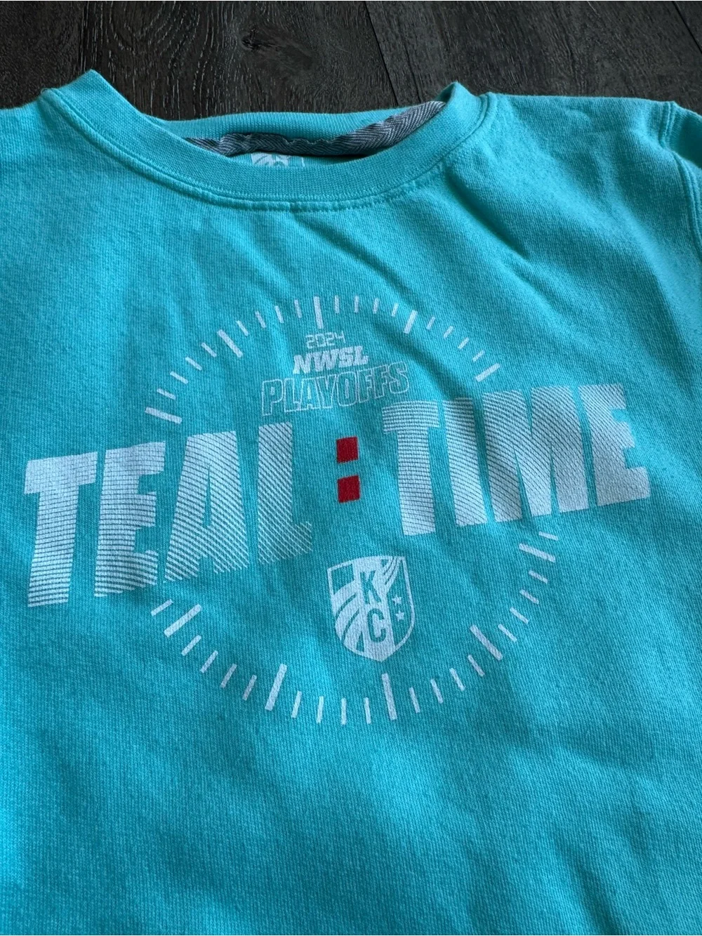 KC Current Soccer Teal Crewneck Sweatshirt with 'TEAL TIME' Graphic Youth Large